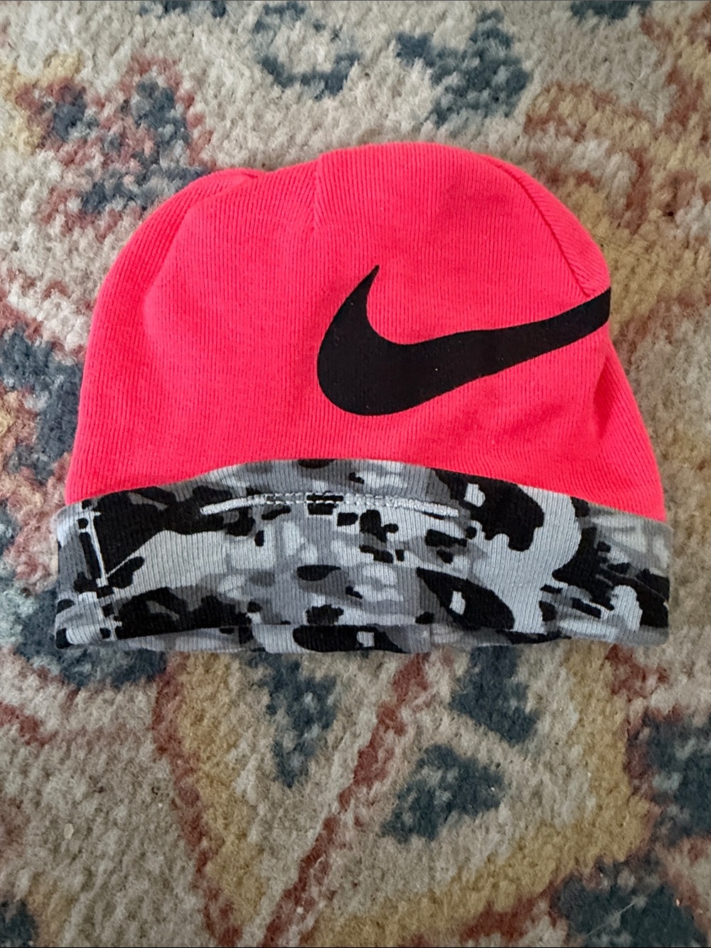 Nike New Born Baby Neon Pink Beanie with Camo Fold